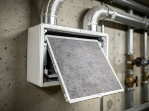 MVHR-filter halfweg uitgetrokken uit witte warmteterugwinunit, bedekt met grijze stofdeeltjes, zilveren geïsoleerde kanalen zichtbaar.