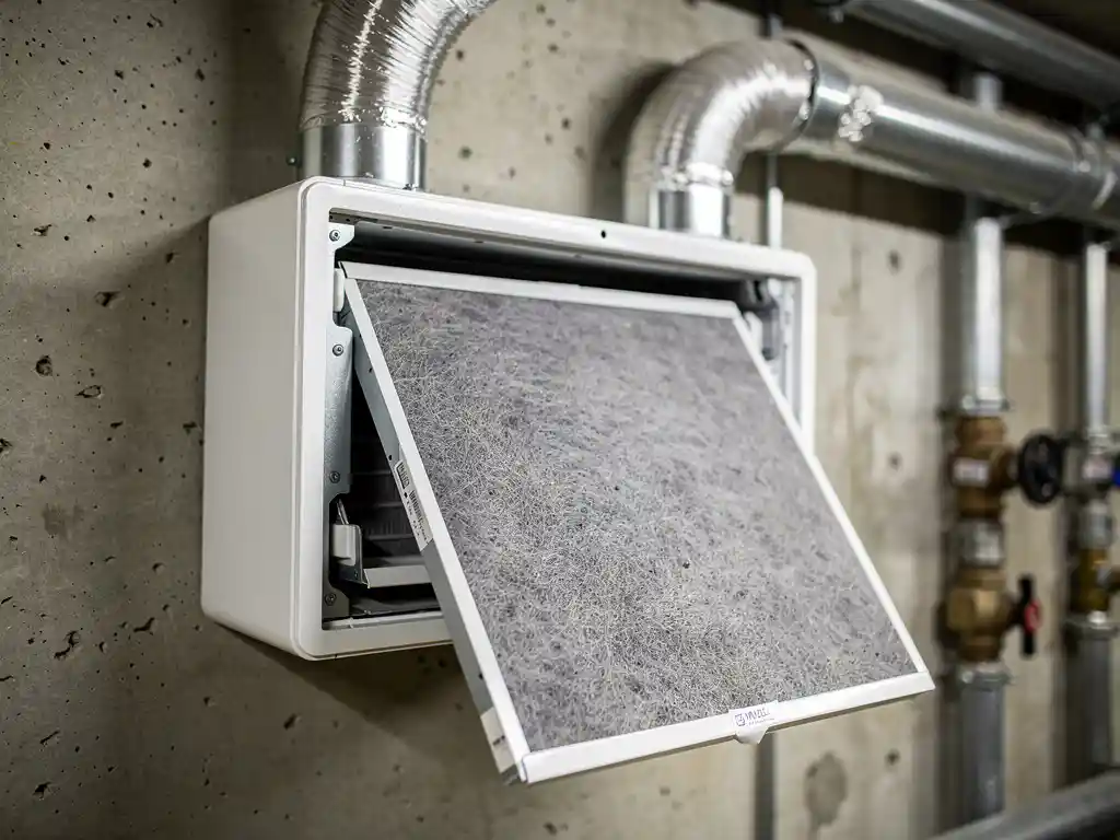MVHR-filter halfweg uitgetrokken uit witte warmteterugwinunit, bedekt met grijze stofdeeltjes, zilveren geïsoleerde kanalen zichtbaar.