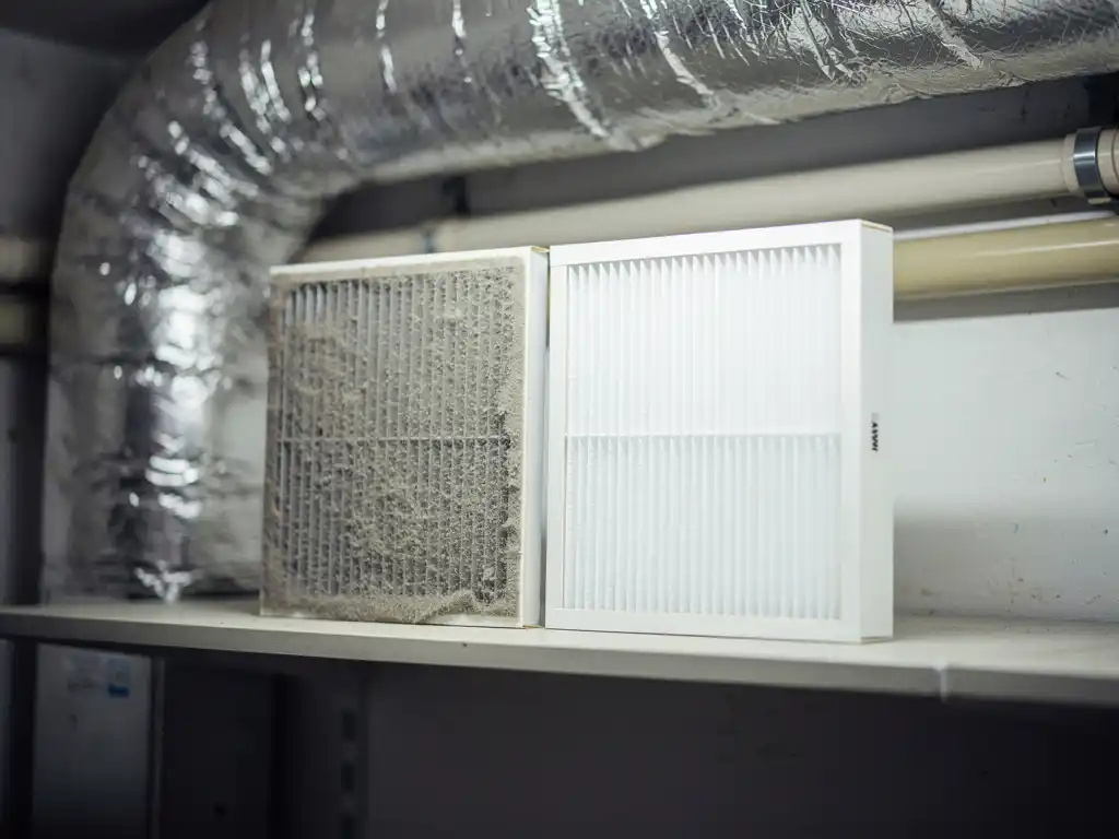 Twee rechthoekige MVHR-filters naast een open wtw-unit: één stoffig en één schoon, op een plank met zilveren kanalen en condensaatafvoer.