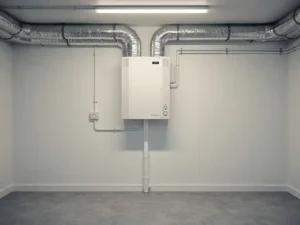 MVHR-unit gemonteerd op muurwand in technische ruimte, met zilveren geïsoleerde kanalen, condensaatafvoer en elektrische aansluitingen.