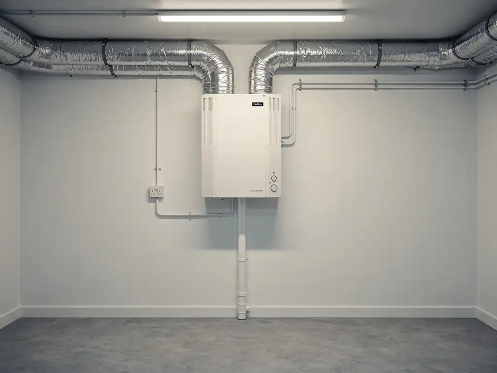 MVHR-unit gemonteerd op muurwand in technische ruimte, met zilveren geïsoleerde kanalen, condensaatafvoer en elektrische aansluitingen.