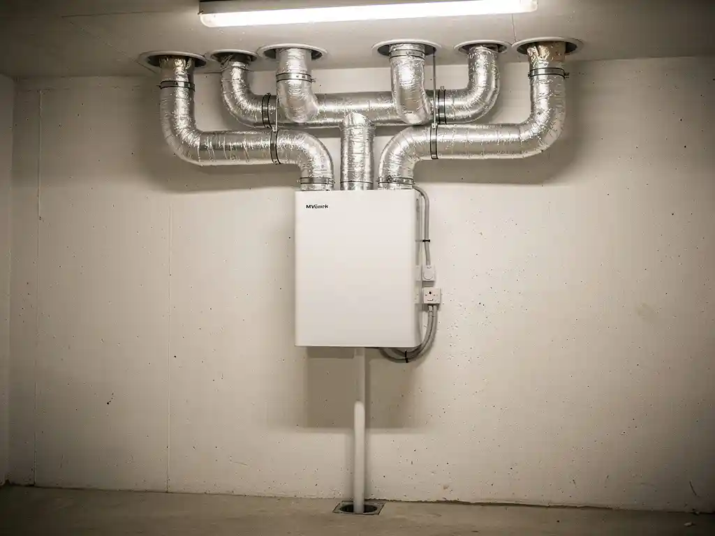 Wit MVHR-unit gemonteerd op muur in technische ruimte, met zilveren flexibele kanalen naar plafondventielen en condensaatafvoer.