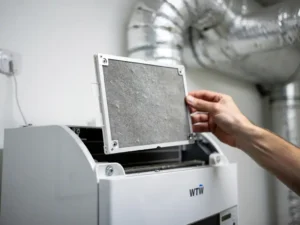 Pollenfilter wordt verwijderd uit een WTW warmteterugwinunit, fijn filterweefsel met lichte stofafzetting zichtbaar, zilveren isolatiekanalen op achtergrond.