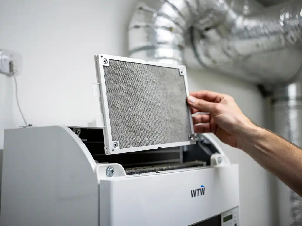 Pollenfilter wordt verwijderd uit een WTW warmteterugwinunit, fijn filterweefsel met lichte stofafzetting zichtbaar, zilveren isolatiekanalen op achtergrond.