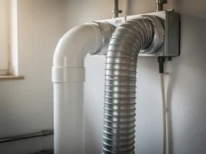 Stijve witte PVC-buis en flexibele zilveren golfslang aangesloten op een WTW-unit in een Nederlandse meterkast.