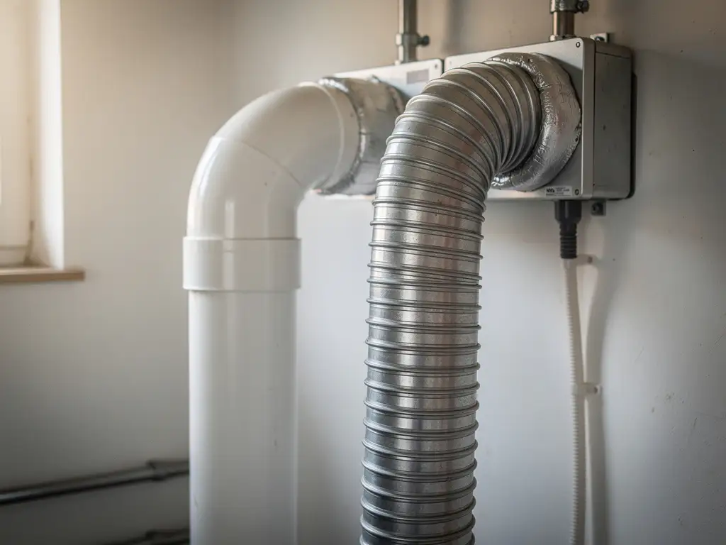 Stijve witte PVC-buis en flexibele zilveren golfslang aangesloten op een WTW-unit in een Nederlandse meterkast.