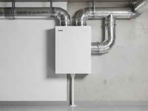 Witte MVHR warmteterugwinningsunit aan muurwand in technische ruimte, met geïsoleerde zilveren luchtkanalen en condensafvoer.
