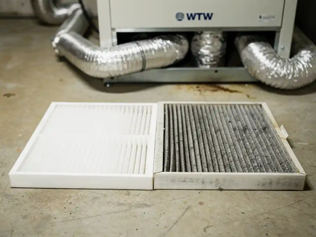 Nieuw wit WTW-filter naast vervuild grijs filter op betonnen vloer, met WTW-unit en geïsoleerde kanalen op achtergrond.