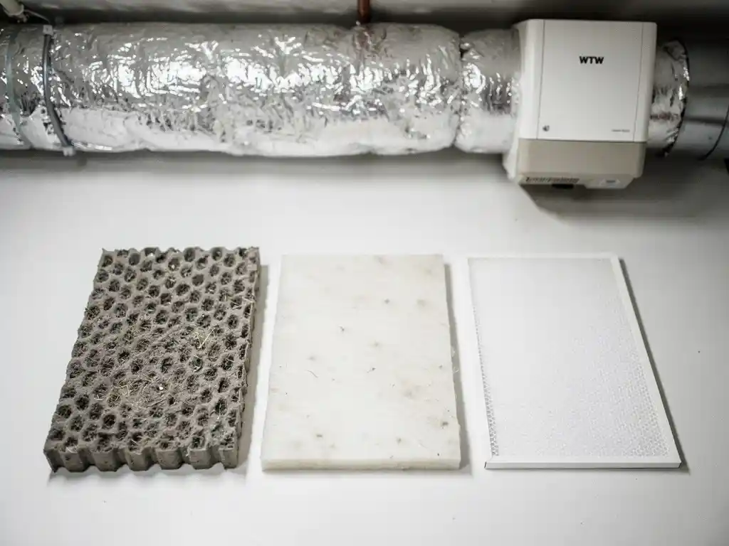 Drie WTW-ventilatiefilters van grof naar fijn naast elkaar op een witte vloer, met zichtbaar stof op het grofste filter.
