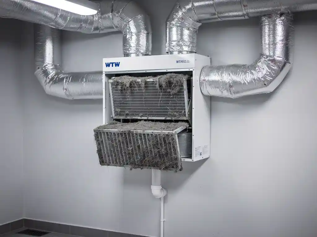 WTW warmteterugwinunit aan muurbevestigd met zilveren isolatiekanalen, stofverstopte filters halfuitgetrokken met grijze aanslag zichtbaar.