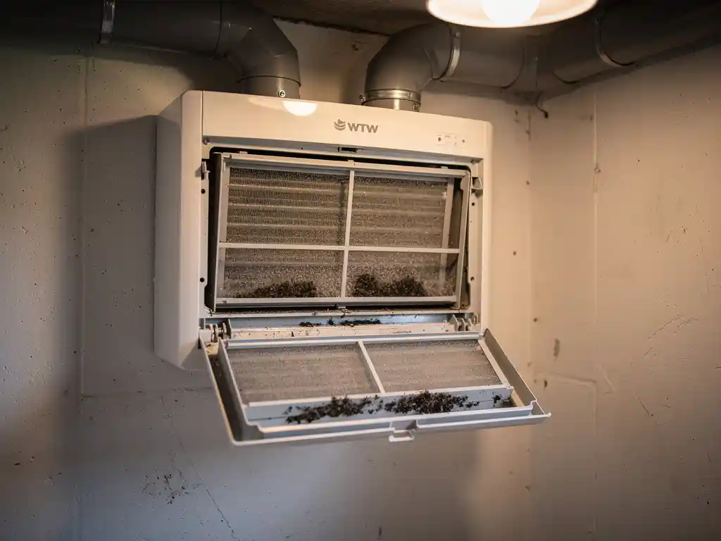 Geopend WTW-ventilatiebox in Nederlandse meterkast met stoffige filters, donkere schimmelsporen op condensaatbak en grijze geïsoleerde kanalen.