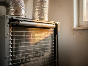 Geopende WTW-unit in Nederlandse meterkast met stoffige filters, condensresten op warmtewisselaarlamellen en zilveren geïsoleerde luchtkanalen.