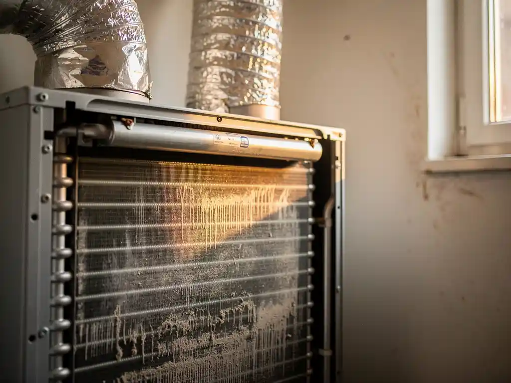 Geopende WTW-unit in Nederlandse meterkast met stoffige filters, condensresten op warmtewisselaarlamellen en zilveren geïsoleerde luchtkanalen.