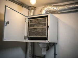 Geopend WTW-warmteterugwinunit in Nederlandse woning met stoffige filters, geïsoleerde leidingen en condensafvoer zichtbaar.