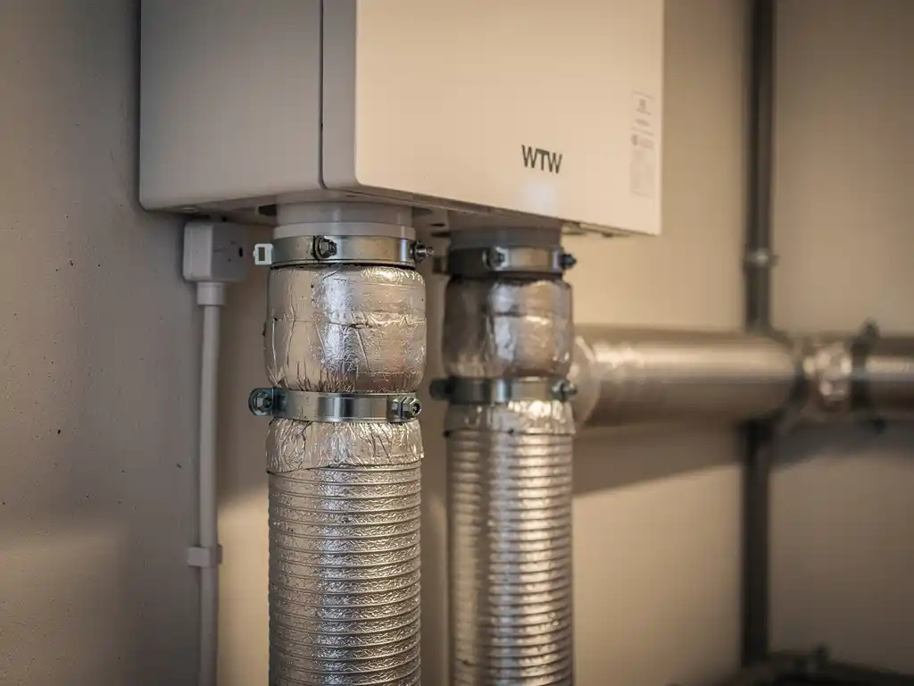 Flexibele ventilatiekanalen aangesloten op een WTW-unit in een technische ruimte, met zichtbare koppelstukken en condensaatafvoer.