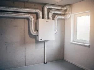 Wit MVHR-unit gemonteerd op muur van technische ruimte, met geïsoleerde zilveren kanalen en condensafvoerbuis.