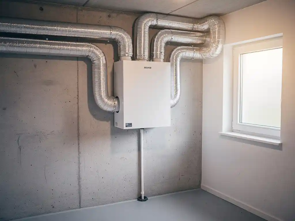 Wit MVHR-unit gemonteerd op muur van technische ruimte, met geïsoleerde zilveren kanalen en condensafvoerbuis.