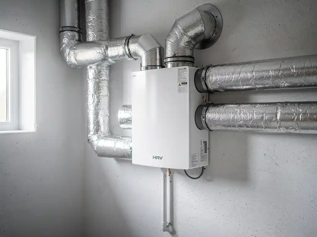 Witte WTW-unit gemonteerd op muur in technische ruimte met zilveren geïsoleerde luchtkanalen en condensafvoer.