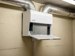 Wit WTW-unit aan muur van technische ruimte, zilveren geïsoleerde kanalen, filtercompartiment op een kier met zichtbaar filterrooster.