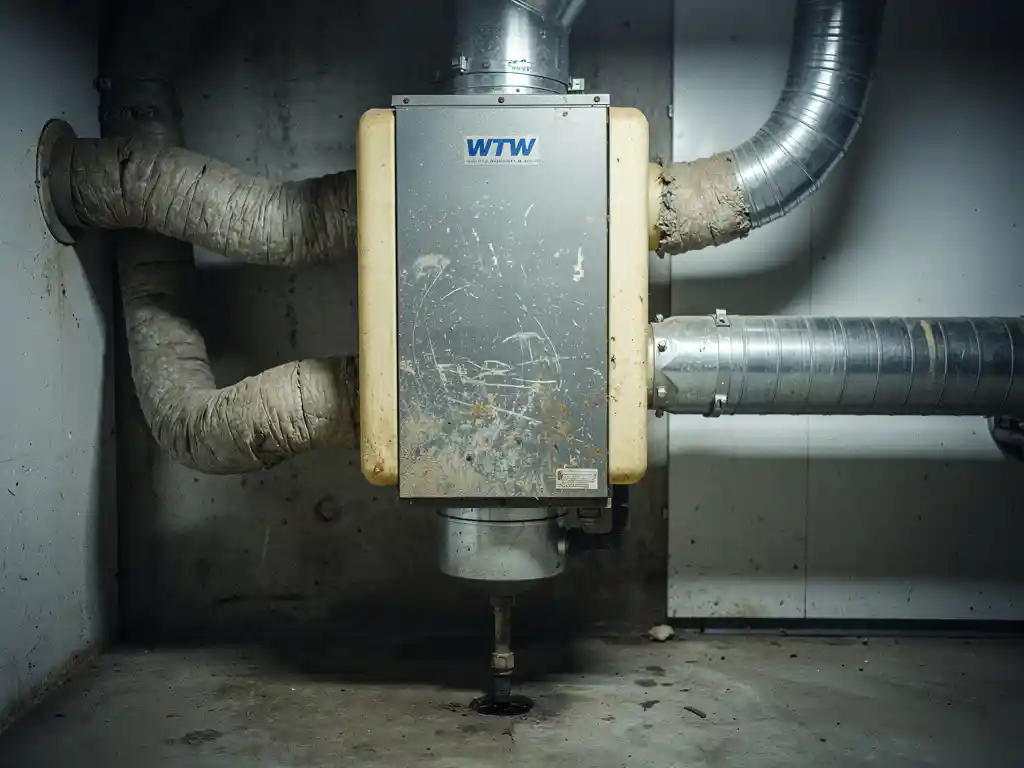 Verouderd WTW-ventilatie-unit in Nederlandse meterkast met vergeeld kunststof behuizing, verstopte geïsoleerde kanalen en condensafvoer.