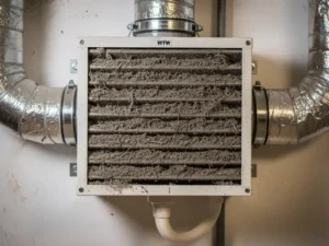 WTW-unit in meterkast met verwijderd frontpaneel, dicht verstopt filter bedekt met grijsstof en zilveren geïsoleerde kanalen.