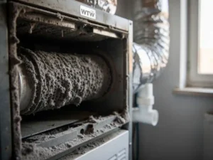 Vervuilde WTW-unit met stoffige ventilatiekanalen en verstopt filter in een Nederlandse technische ruimte.