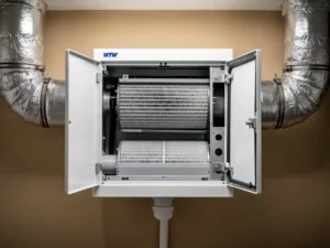 Open WTW-warmteterugwinunit aan muur in technische ruimte met zichtbare filters, flexibele geïsoleerde kanalen en condensaatafvoer.
