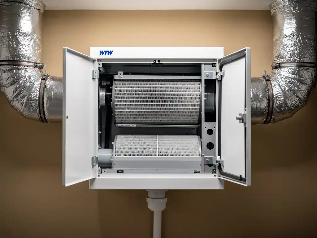 Open WTW-warmteterugwinunit aan muur in technische ruimte met zichtbare filters, flexibele geïsoleerde kanalen en condensaatafvoer.