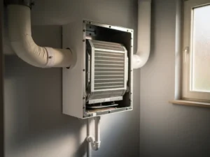 Geopende WTW-unit in Nederlandse meterkast met zichtbare warmtewisselaar, schone filters en witte geïsoleerde kanalen.