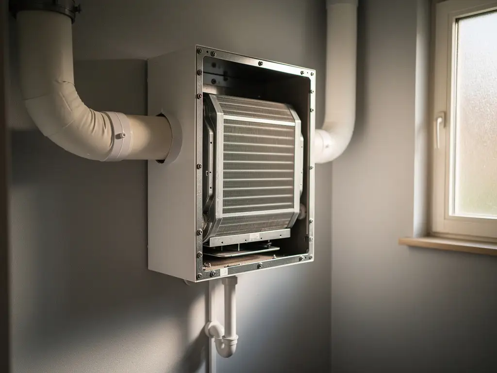 Geopende WTW-unit in Nederlandse meterkast met zichtbare warmtewisselaar, schone filters en witte geïsoleerde kanalen.