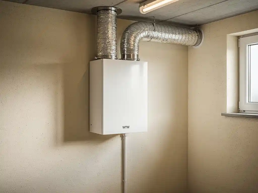 Compacte WTW-unit gemonteerd op muur in technische ruimte, verbonden met zilveren flexibele luchtkanalen naar plafondopeningen en condensafvoer.