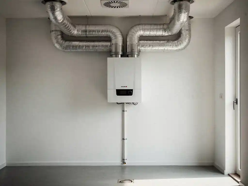 Wit MVHR warmteterugwinningstoestel in Nederlandse technische ruimte met zilveren flexibele kanalen en condensafvoer.