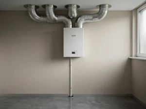 Witte WTW-unit aan muurbeugel in technische ruimte met zilveren flexibele kanalen naar plafond en condensaatafvoer.