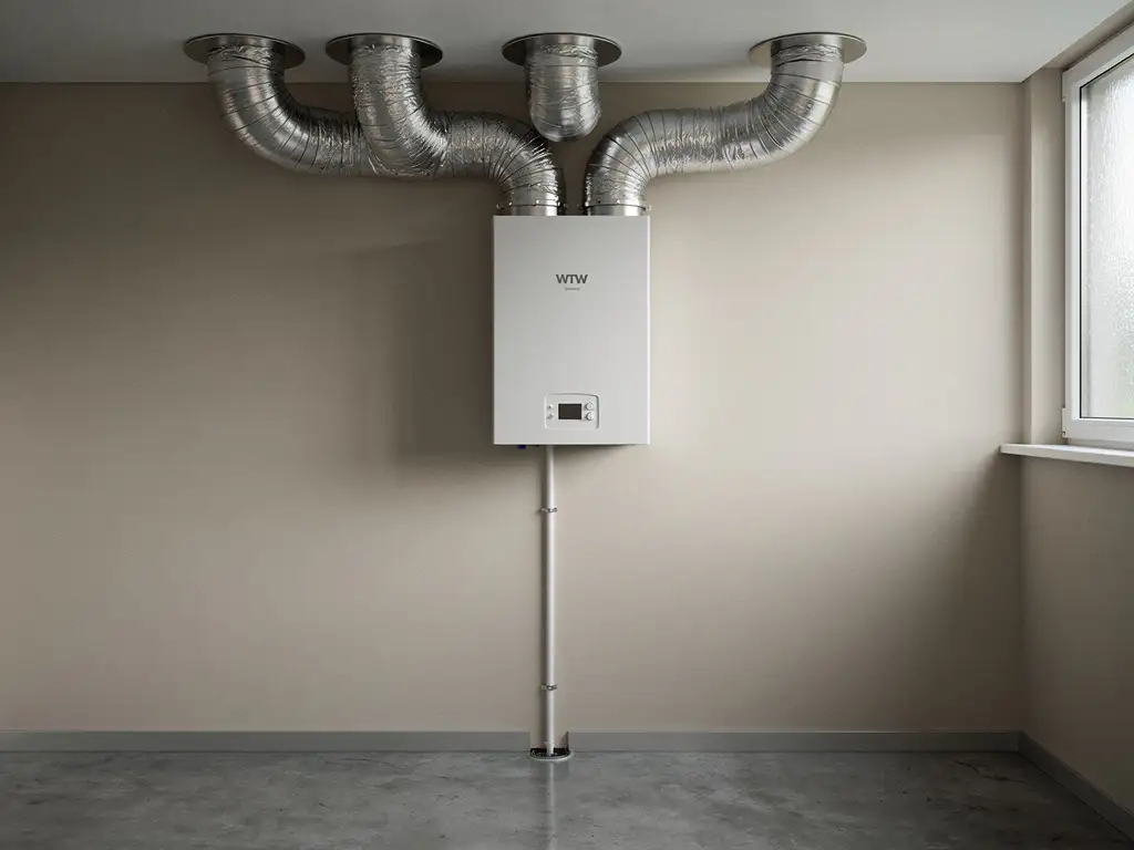 Witte WTW-unit aan muurbeugel in technische ruimte met zilveren flexibele kanalen naar plafond en condensaatafvoer.