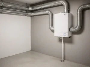 Wit MVHR warmteterugwinningsunit aan muur van technische ruimte met zilveren flexibele luchtkanalen en condensaatafvoer.