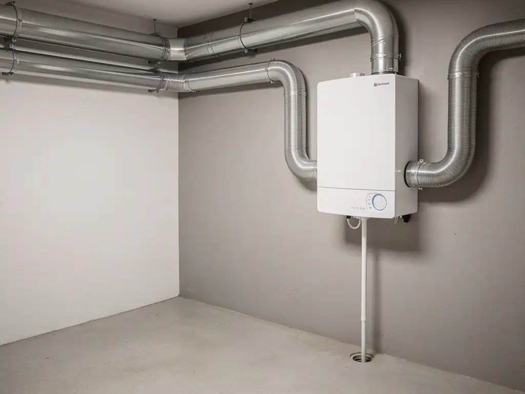 Wit MVHR warmteterugwinningsunit aan muur van technische ruimte met zilveren flexibele luchtkanalen en condensaatafvoer.