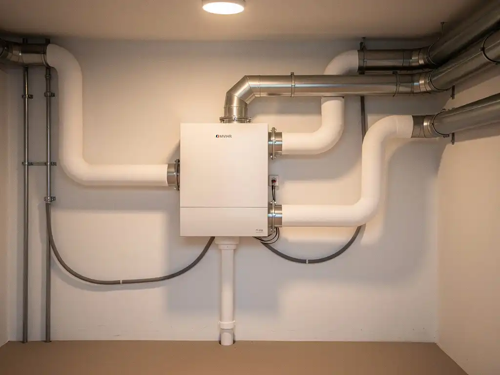 MVHR warmteterugwinunit gemonteerd op muur in technische ruimte, met witte geïsoleerde kanalen, condensafvoer en netjes weggewerkte bedrading.