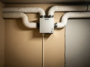 WTW warmteterugwinunit aan muurbevestigd in technische ruimte, met witte geïsoleerde kanalen, condensaatafvoer en elektrische bedrading.