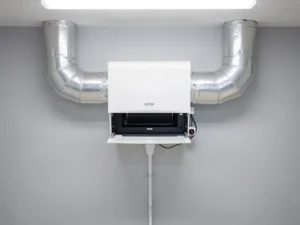 Wit WTW-warmteterugwinningstoestel op muur in technische ruimte, met symmetrisch vertakkende geïsoleerde zilveren kanalen en condensafvoer.