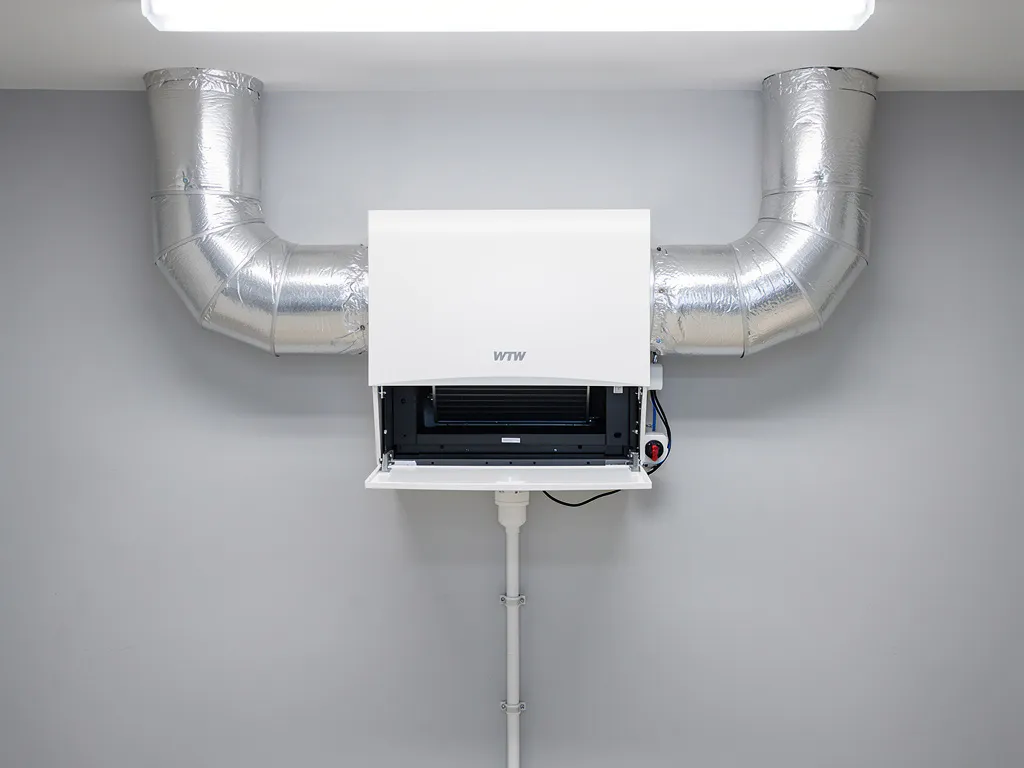 Wit WTW-warmteterugwinningstoestel op muur in technische ruimte, met symmetrisch vertakkende geïsoleerde zilveren kanalen en condensafvoer.