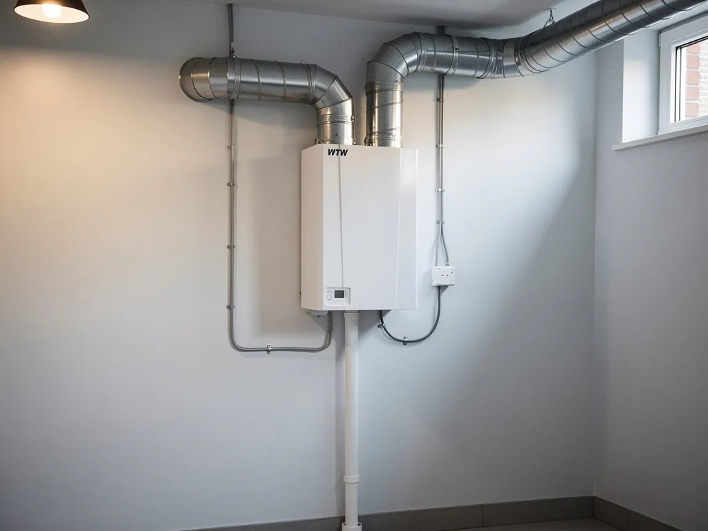 Wit WTW-ventilatieapparaat op muurbeugel in technische ruimte met zilveren isolatiekanalen en condensafvoer.