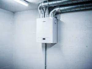 Wit MVHR warmteterugwinningsunit aan muurin een technische ruimte met zilveren geïsoleerde kanalen en condensaatafvoer.