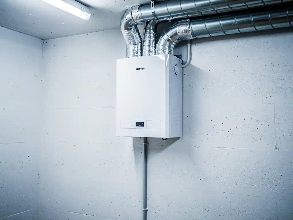 Wit MVHR warmteterugwinningsunit aan muurin een technische ruimte met zilveren geïsoleerde kanalen en condensaatafvoer.
