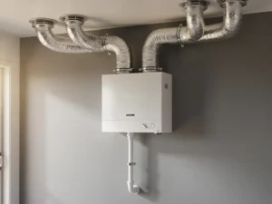 Wit MVHR warmteterugwinningsunit in een bijkeuken met zilveren flexibele kanalen naar plafondventielen en condensafvoerpijp.