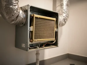 Geopende WTW-unit in Nederlandse meterkast met verouderde warmtewisselaar, stoffige filters en geïsoleerde zilveren luchtkanalen.