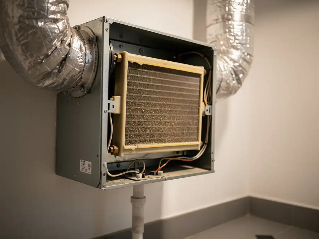 Geopende WTW-unit in Nederlandse meterkast met verouderde warmtewisselaar, stoffige filters en geïsoleerde zilveren luchtkanalen.