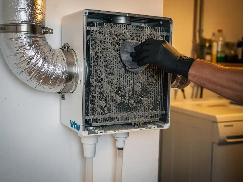 Geopende WTW-unit in Nederlandse meterkast met stoffige warmtewisselaar die wordt gereinigd, zilveren geïsoleerde kanalen en condensaatafvoer zichtbaar.