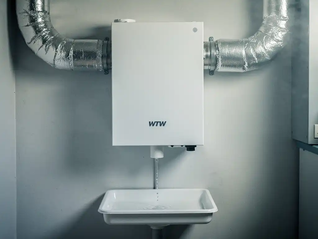 WTW warmteterugwinunit aan muur in technische ruimte, met zilveren geïsoleerde kanalen en condensaatafvoer in opvangbak.