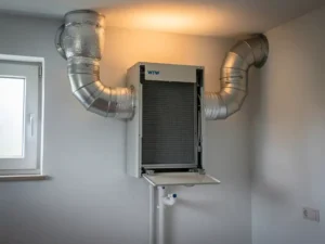 WTW warmteterugwinunit in Nederlandse meterkast met zilveren leidingen, open filterluik met fijnmazig filter en condensaatafvoer zichtbaar.