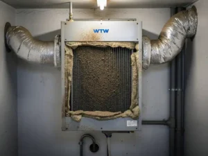 WTW warmteterugwinunit in Nederlandse meterkast met verwijderd frontpaneel, stoffige filters en verouderde schuimrubber afdichtingen zichtbaar.